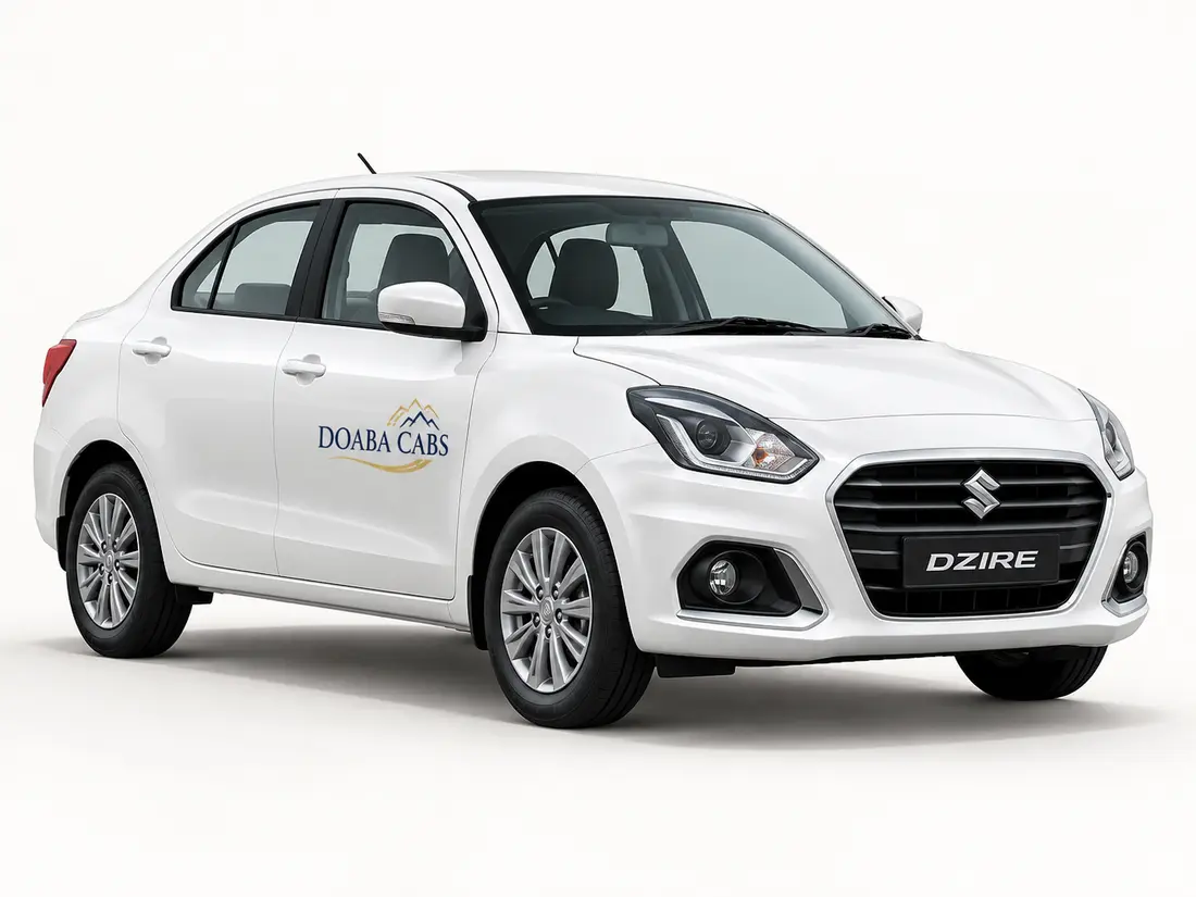Illustrative white Maruti Dzire with Doaba Cabs branding