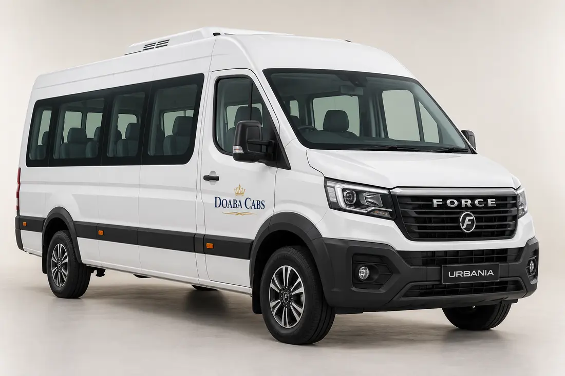 Illustrative white Force Urbania with Doaba Cabs branding