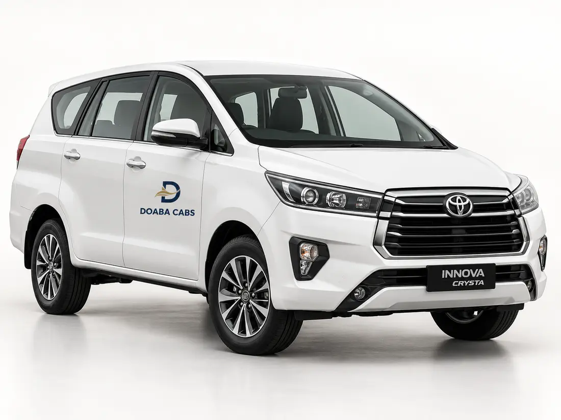 Illustrative white Innova Crysta with Doaba Cabs branding