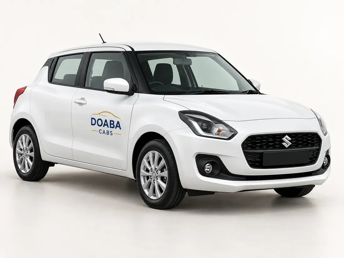 Illustrative white Maruti Swift with Doaba Cabs branding