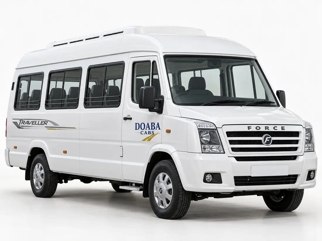 Illustrative white Tempo Traveller with Doaba Cabs branding